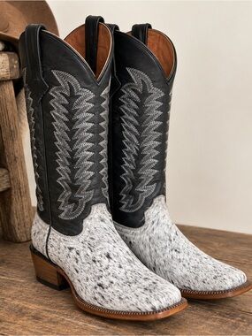 Tanner Mark Jolene Cowhide Western Cowboy Boots Black White 7.5